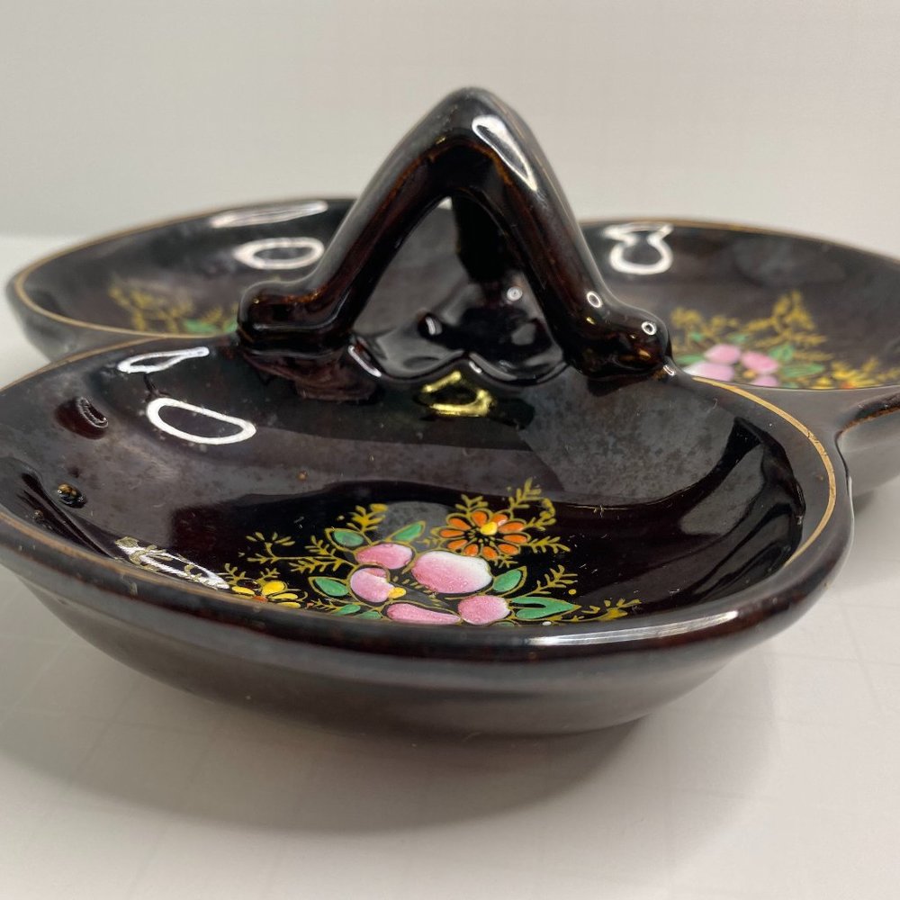 Vintage Hand Painted Moriage Redware Divided Candy Nut Dish Made In Japan